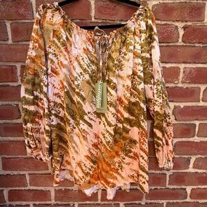Nostalgia Womens Tie Dye Off The Shoulder Tie Neck Peasant Top Olive Pink OS NWT